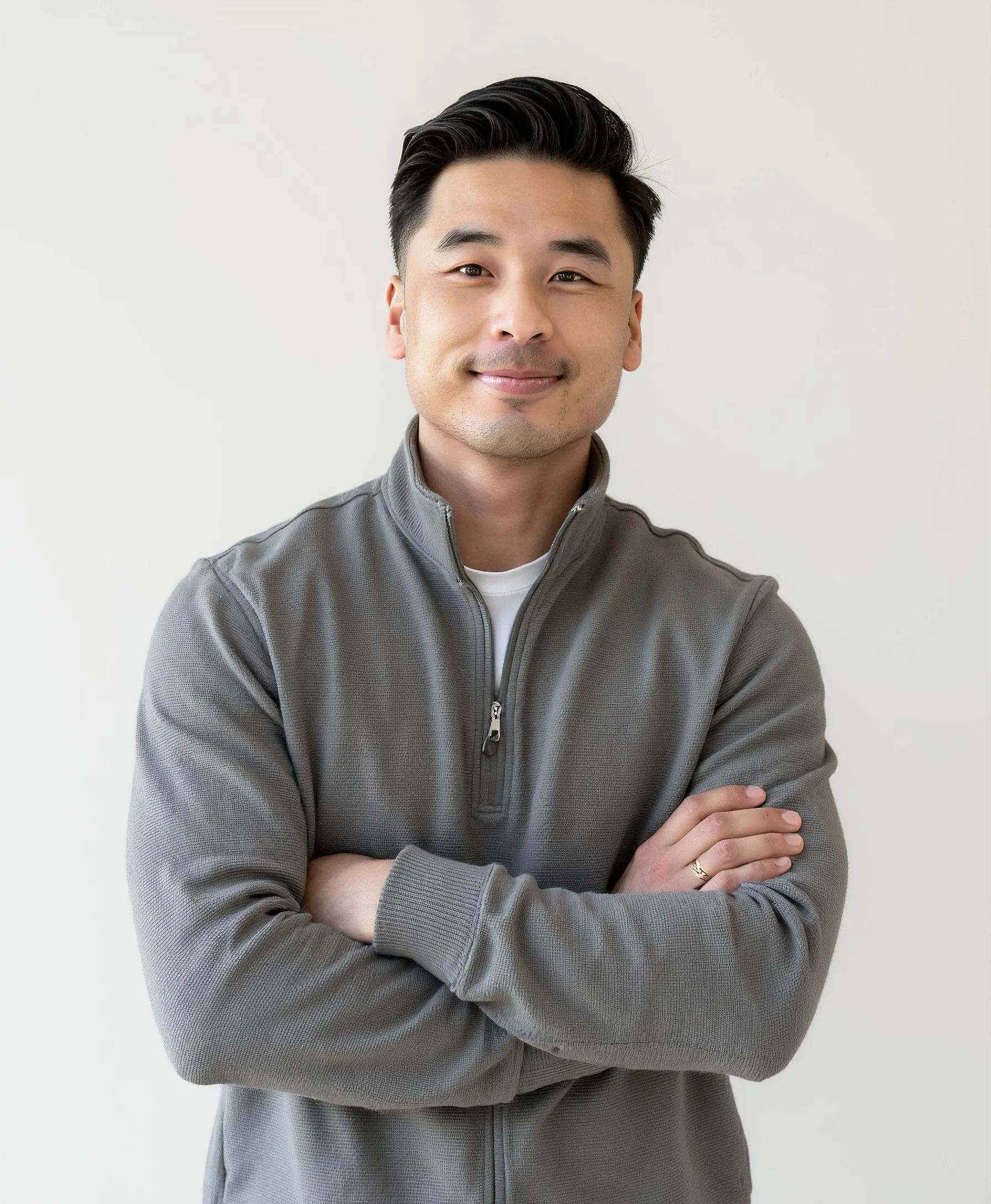 Gibran Le, smiling, arms crossed, in a grey quarter-zip